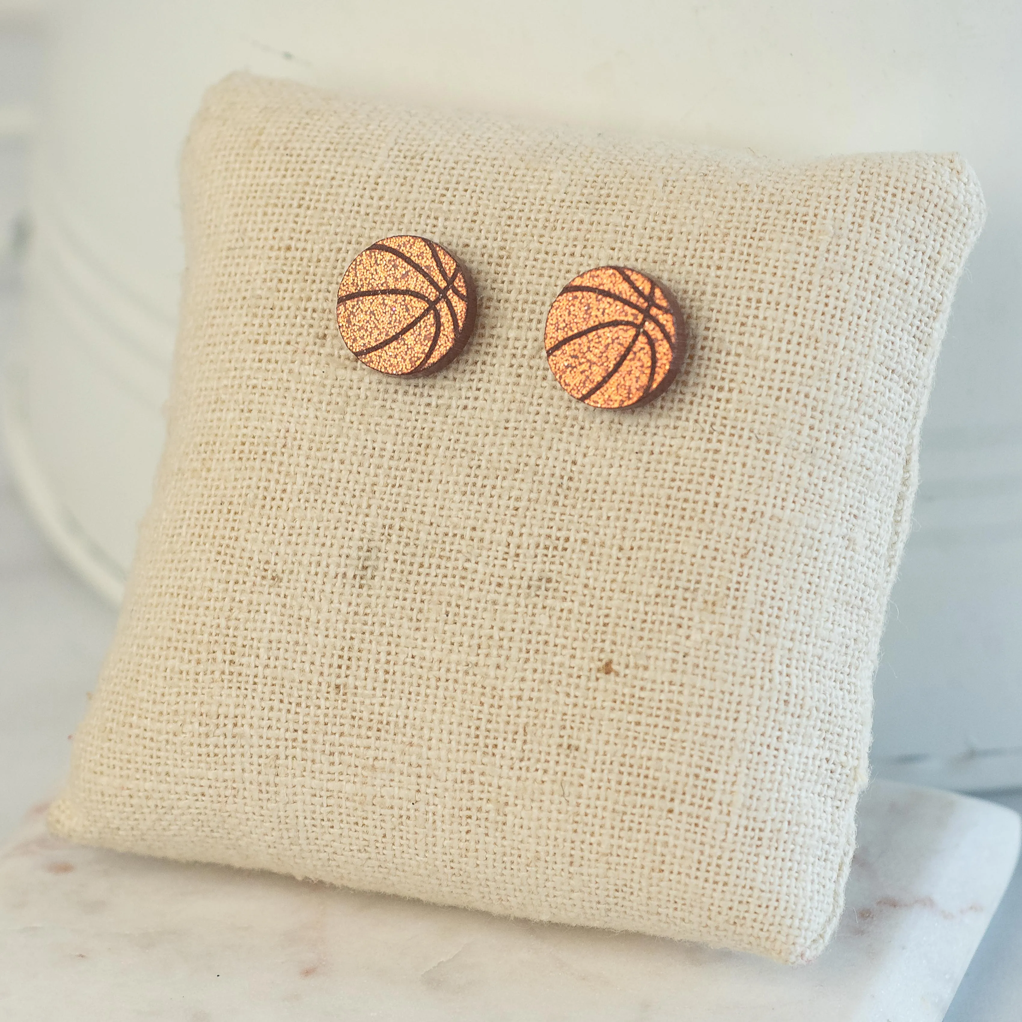 Basketball Stud Earrings in Copper Glitter