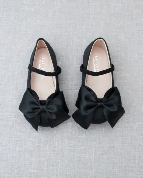 Black Satin Mary Jane Flats with Front Satin Bow