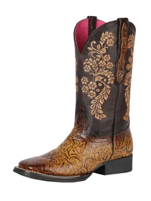 Botas Vaqueras Rodeo con Grabado Floral de Piel Genuina para Mujer 'El General' - ID: 44634