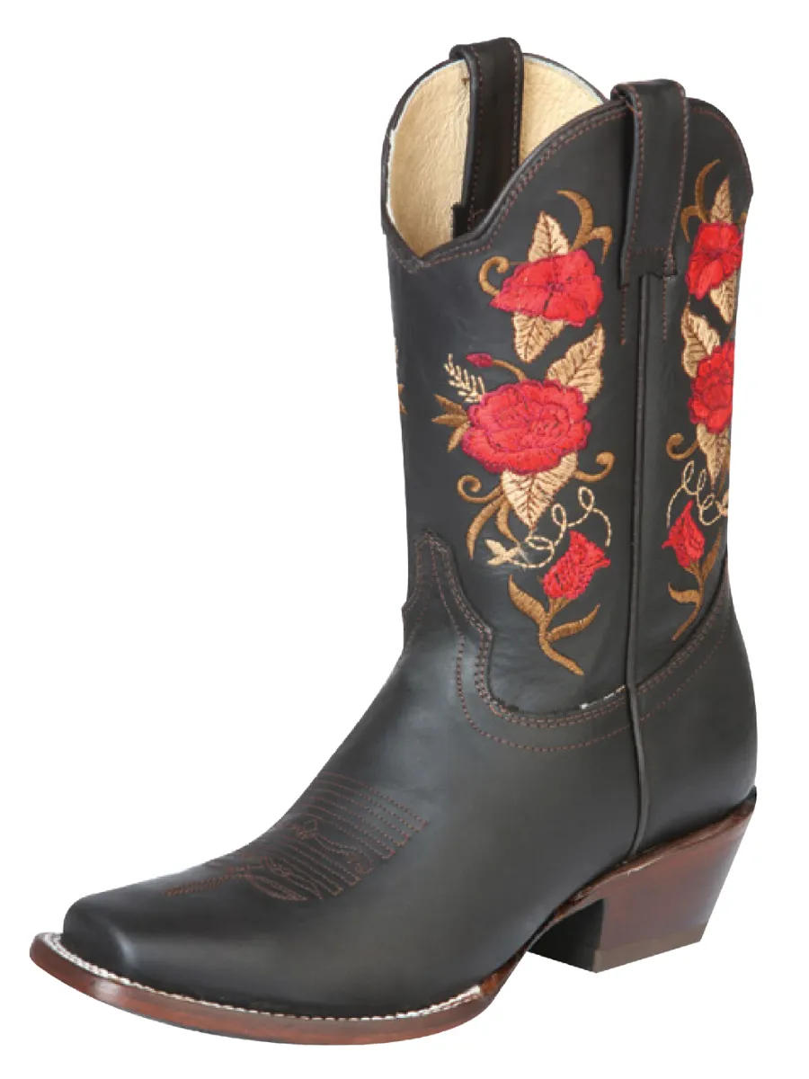 Botas Vaqueras Rodeo con Tubo Bordado de Flores de Piel Genuina para Mujer 'El General' - ID: 43663