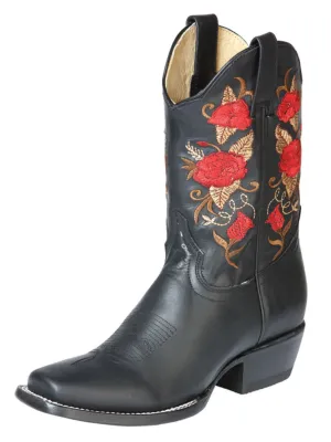 Botas Vaqueras Rodeo con Tubo Bordado de Flores de Piel Genuina para Mujer 'El General' - ID: 43664