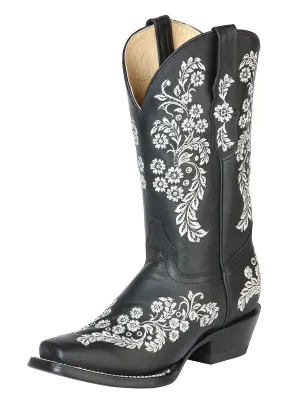 Botas Vaqueras Rodeo con Tubo Bordado de Flores de Piel Genuina para Mujer 'El General' - ID: 51236