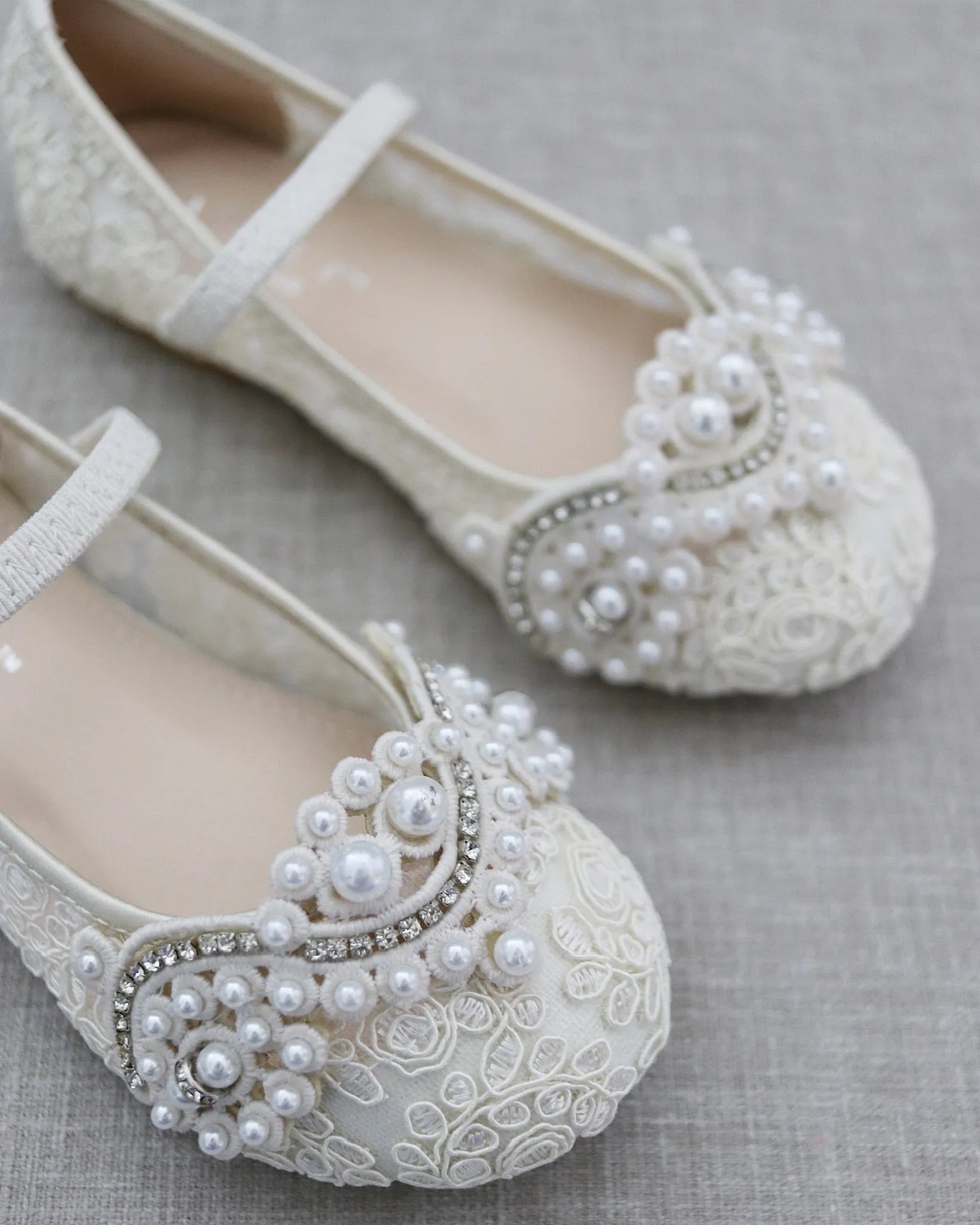 Crochet Lace Mary Jane Flats with Small Pearls Applique