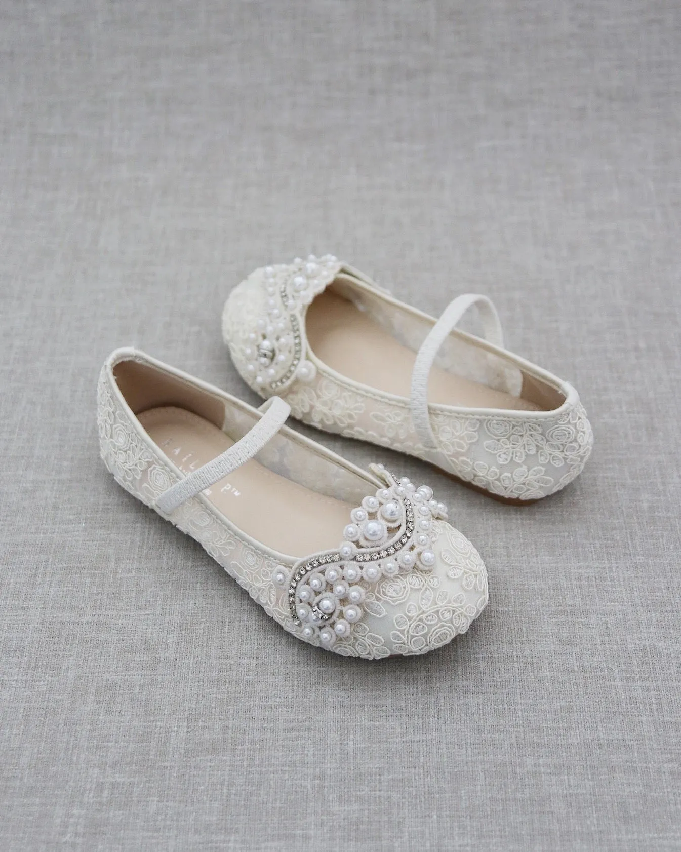 Crochet Lace Mary Jane Flats with Small Pearls Applique