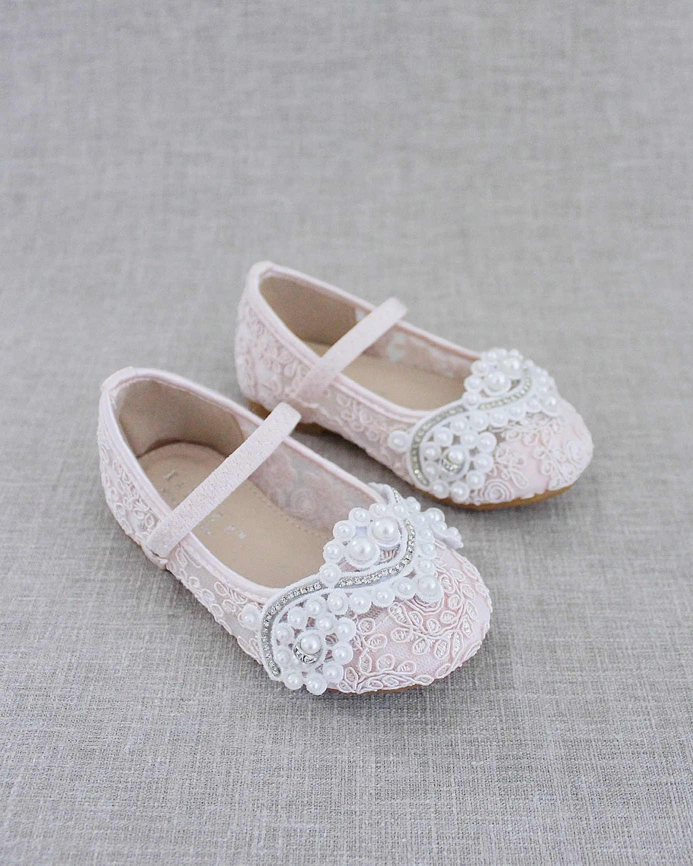 Crochet Lace Mary Jane Flats with Small Pearls Applique