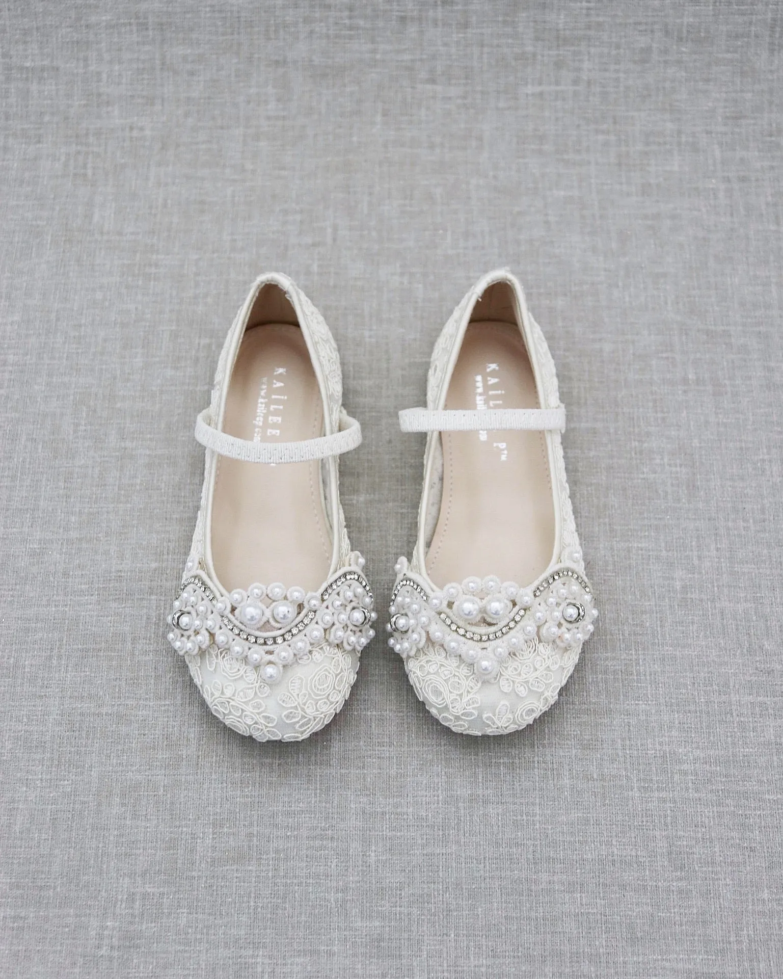 Crochet Lace Mary Jane Flats with Small Pearls Applique