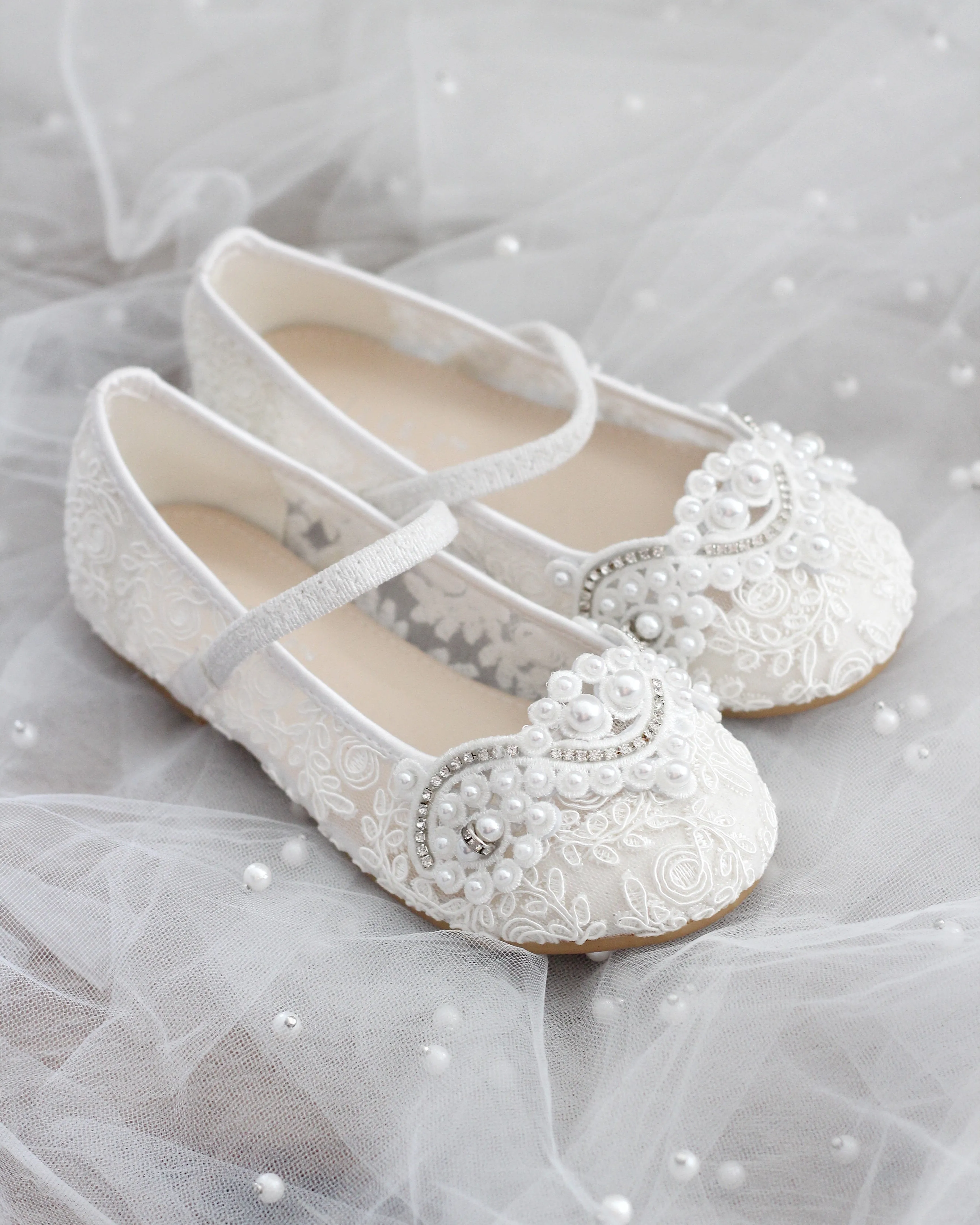 Crochet Lace Mary Jane Flats with Small Pearls Applique