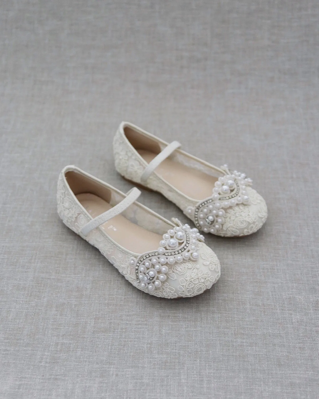 Crochet Lace Mary Jane Flats with Small Pearls Applique