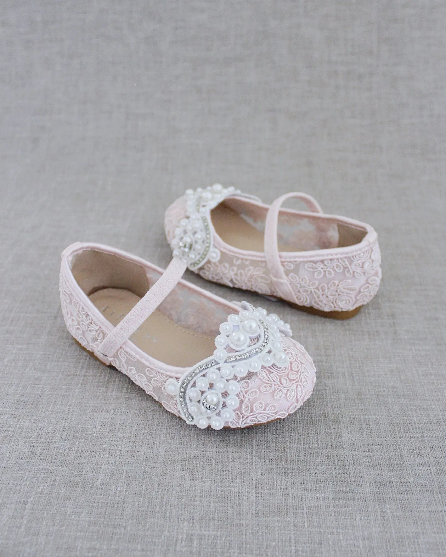 Crochet Lace Mary Jane Flats with Small Pearls Applique