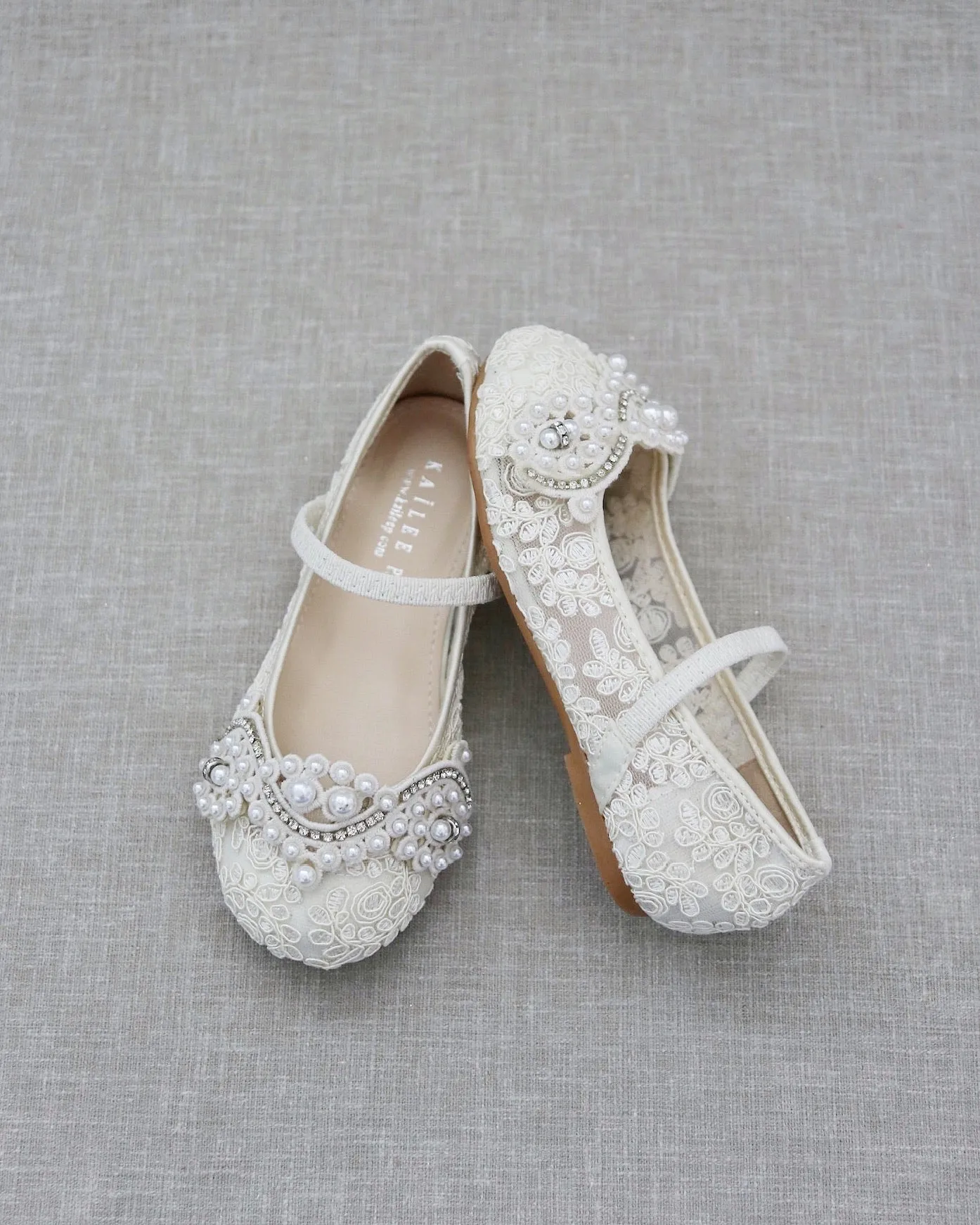 Crochet Lace Mary Jane Flats with Small Pearls Applique