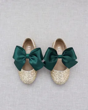 Gold Rock Glitter Mary Jane Flats with Hunter Green Satin Bow