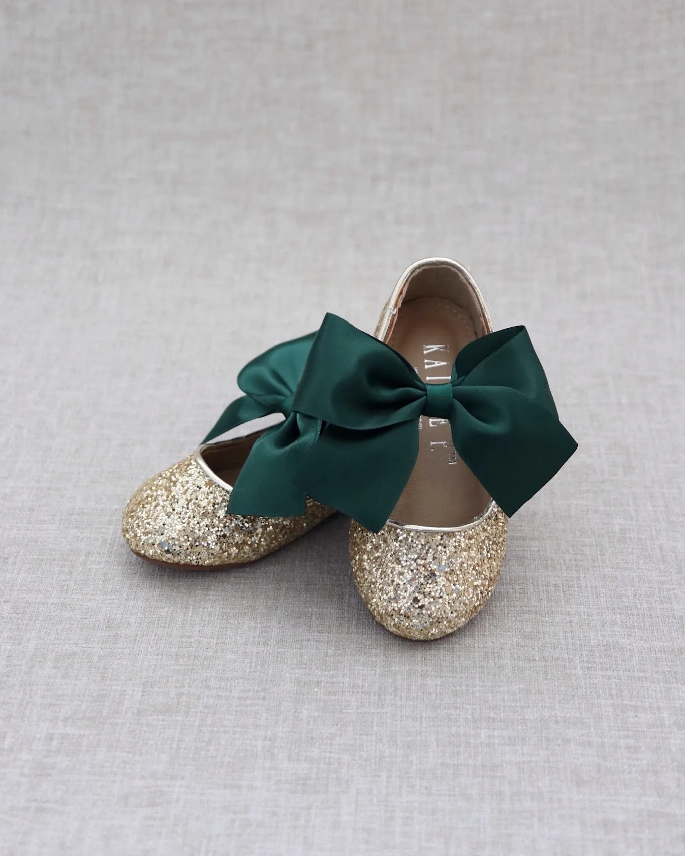 Gold Rock Glitter Mary Jane Flats with Hunter Green Satin Bow