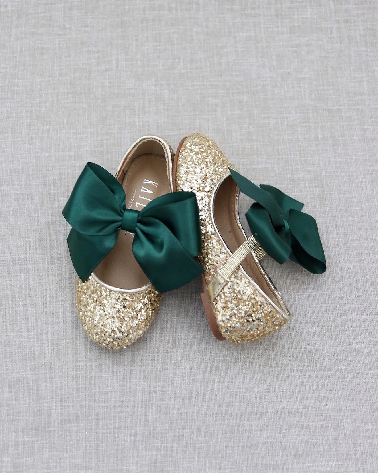 Gold Rock Glitter Mary Jane Flats with Hunter Green Satin Bow