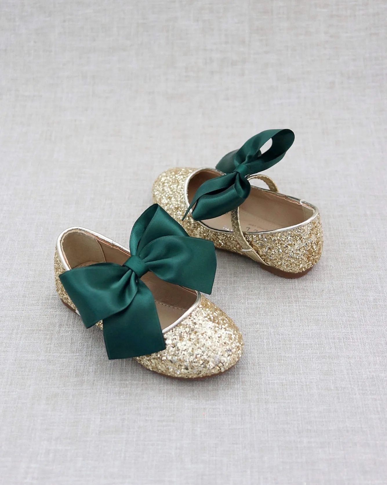 Gold Rock Glitter Mary Jane Flats with Hunter Green Satin Bow