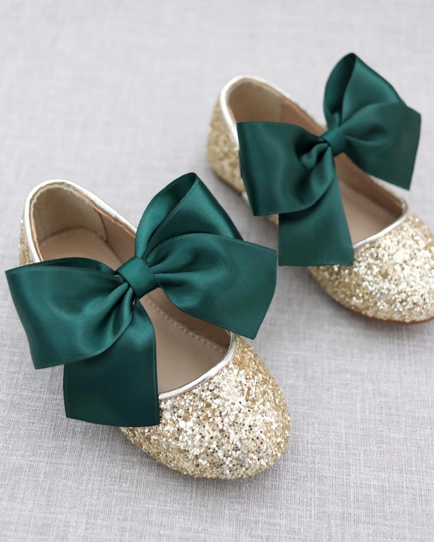 Gold Rock Glitter Mary Jane Flats with Hunter Green Satin Bow