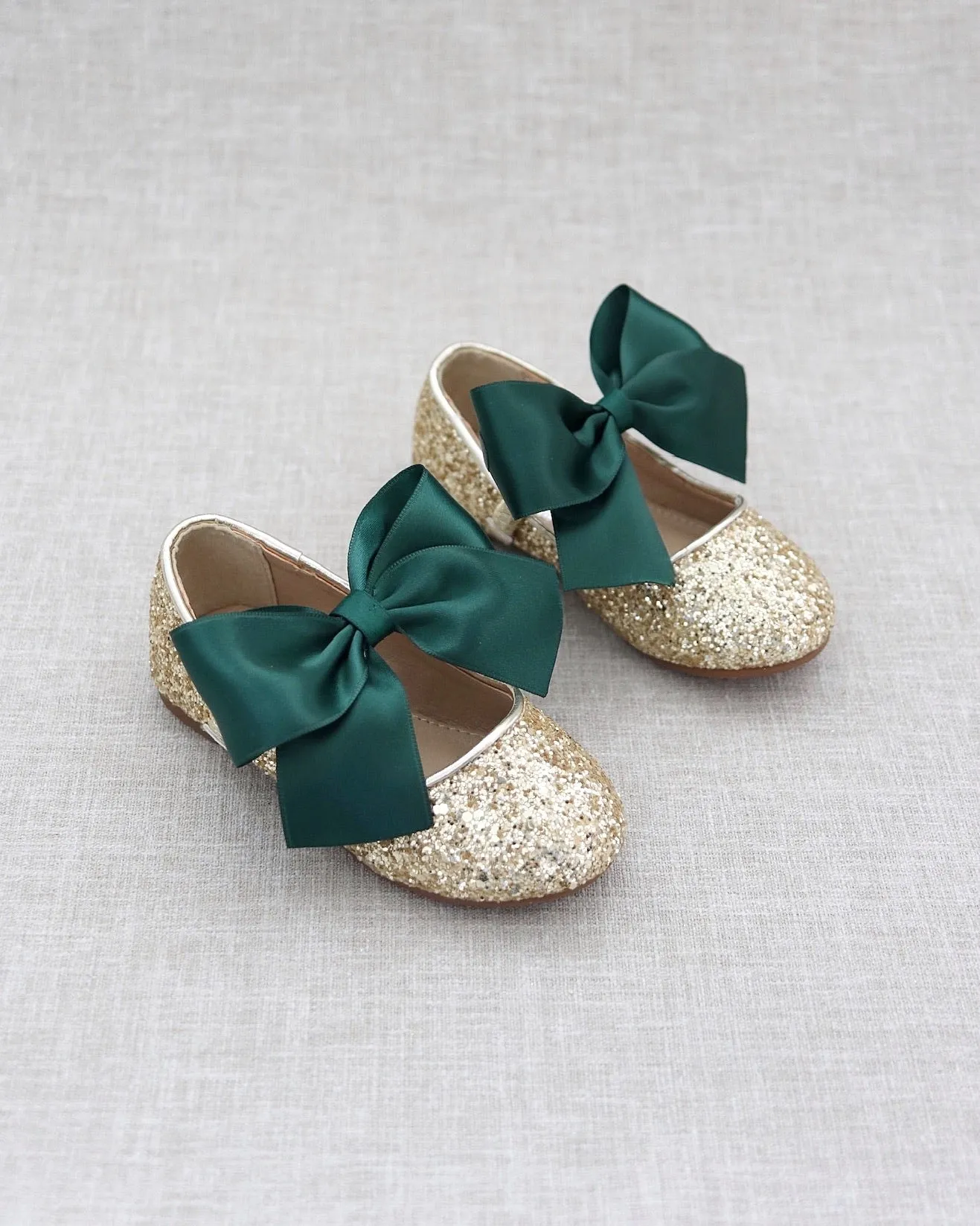 Gold Rock Glitter Mary Jane Flats with Hunter Green Satin Bow