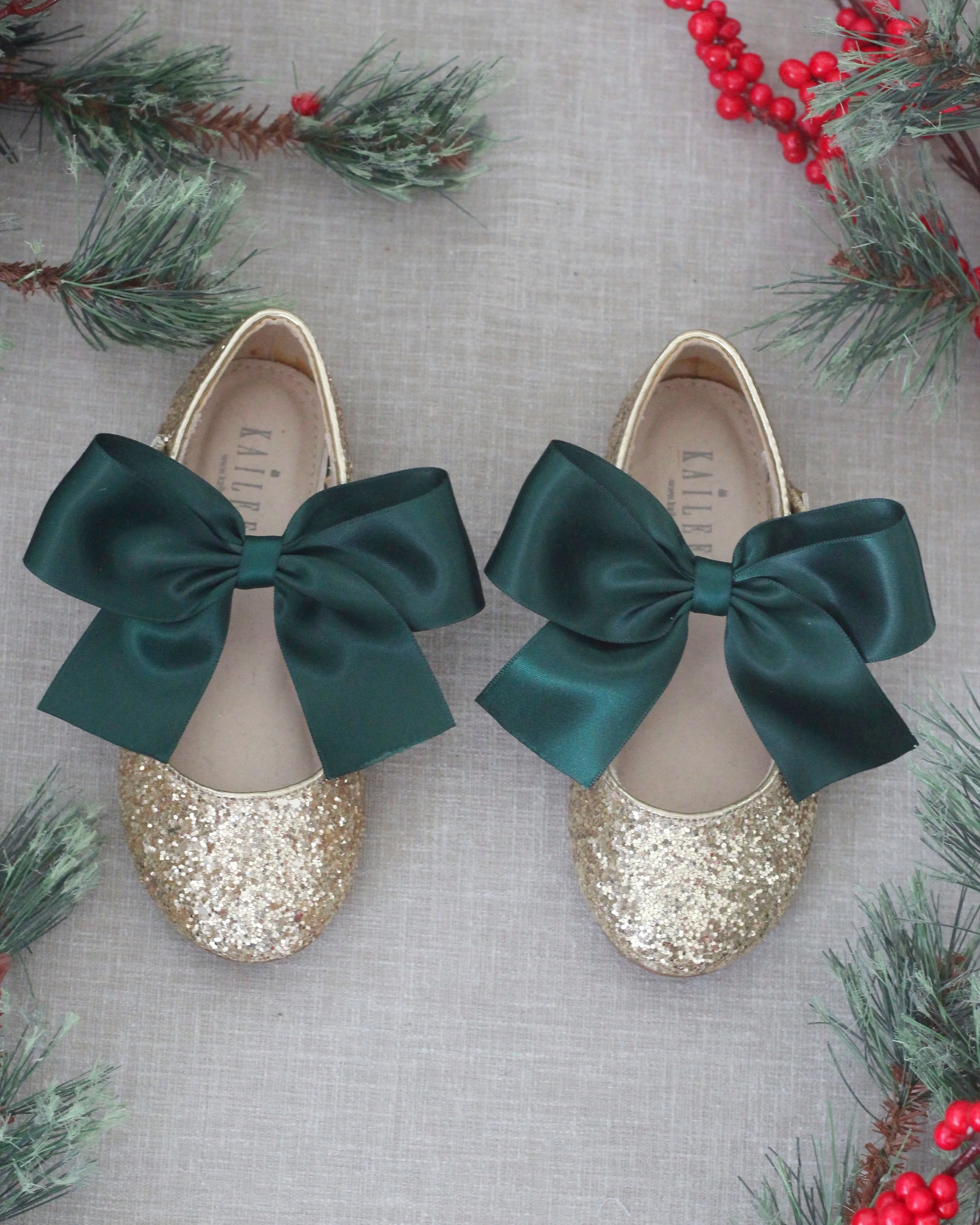 Gold Rock Glitter Mary Jane Flats with Hunter Green Satin Bow