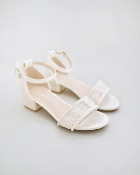 Ivory Crochet Lace Low Block Heel Girls Sandals with Mini Pearls