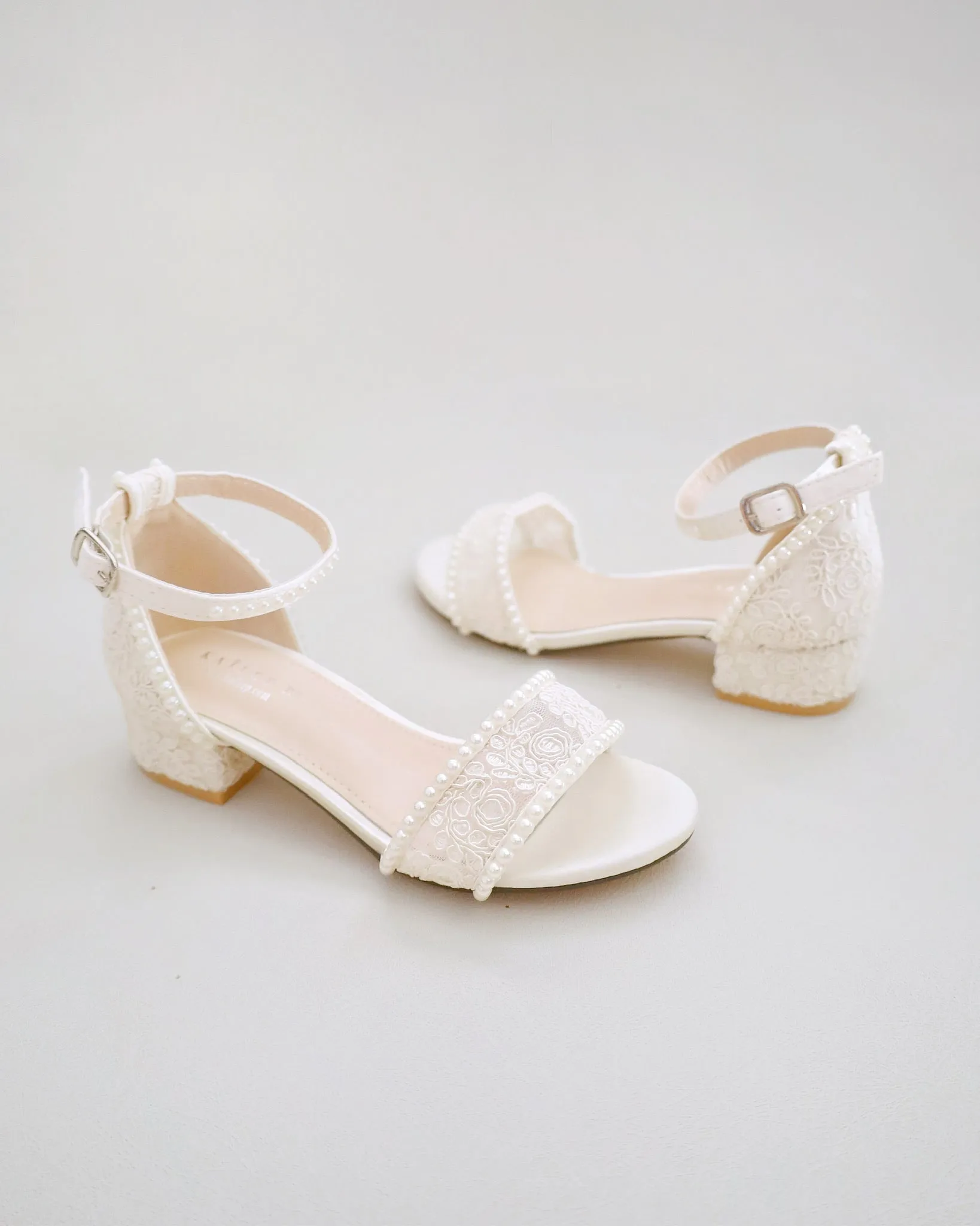 Ivory Crochet Lace Low Block Heel Girls Sandals with Mini Pearls