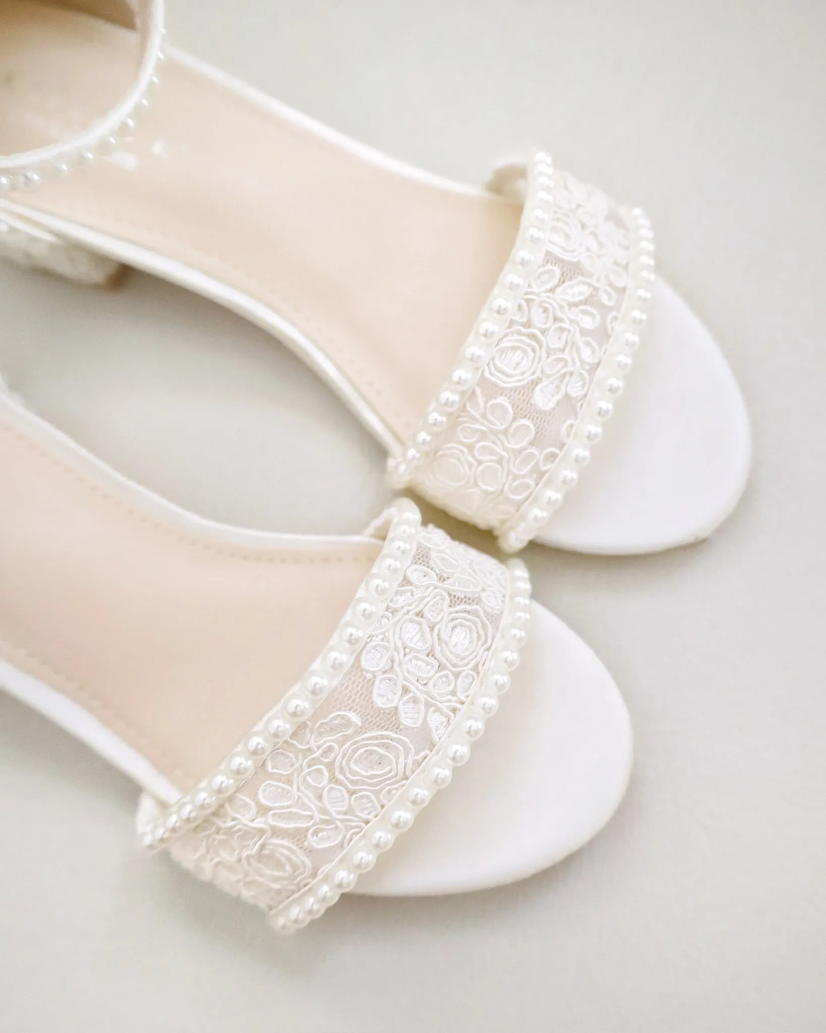 Ivory Crochet Lace Low Block Heel Girls Sandals with Mini Pearls