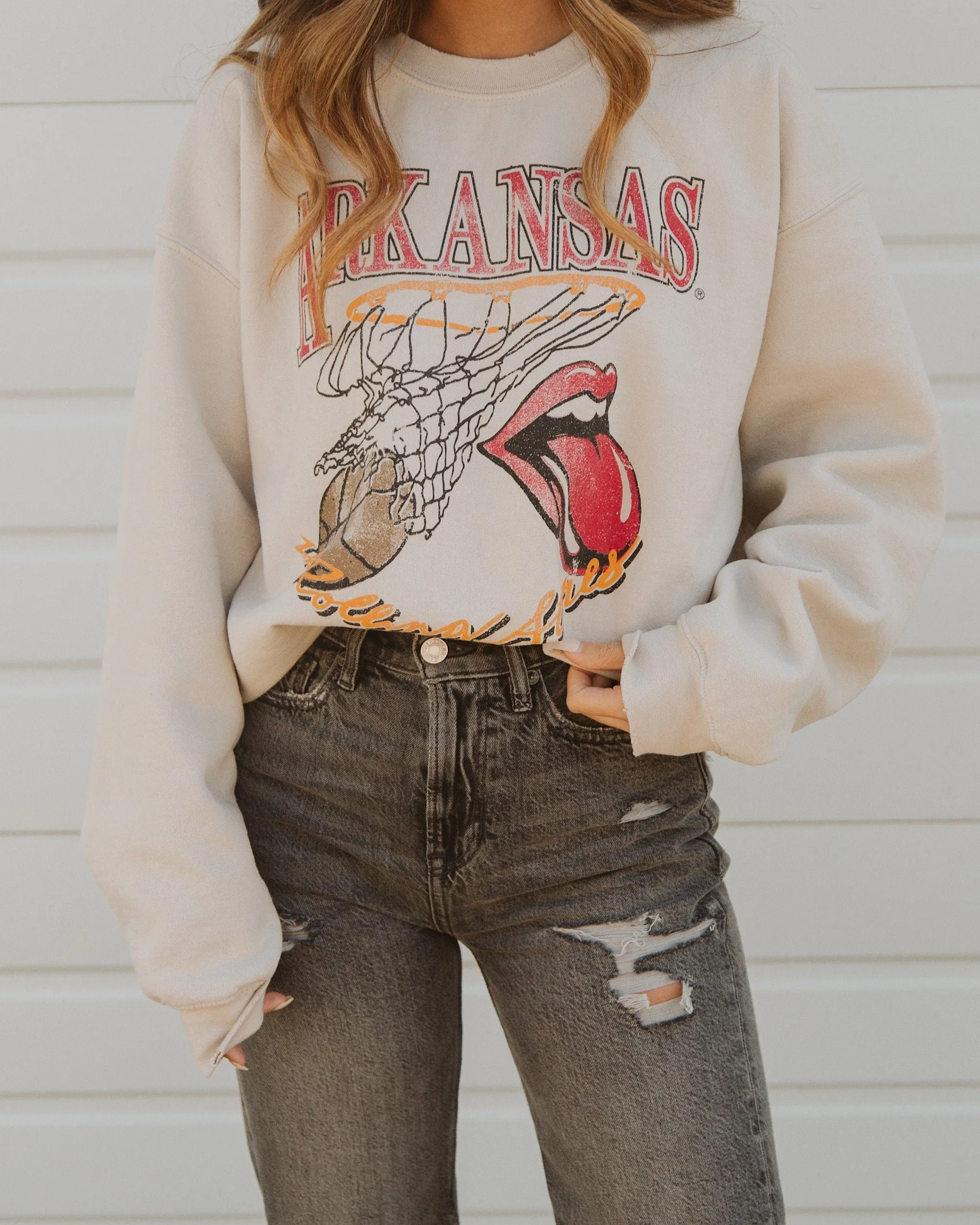 Rolling Stones Arkansas Basketball Net Sand Thrifted Sweatshirt